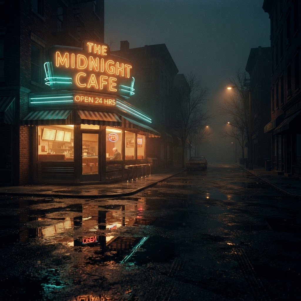 Source photograph of a neon diner at night